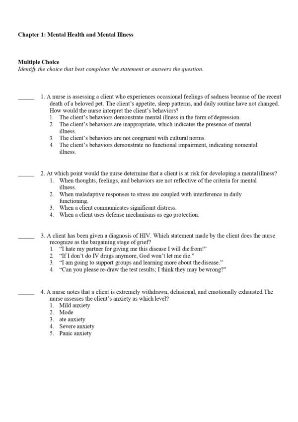 Test bank for Townsend's Essentials of Psychiatric Mental Health Nursing, 9th Edition.