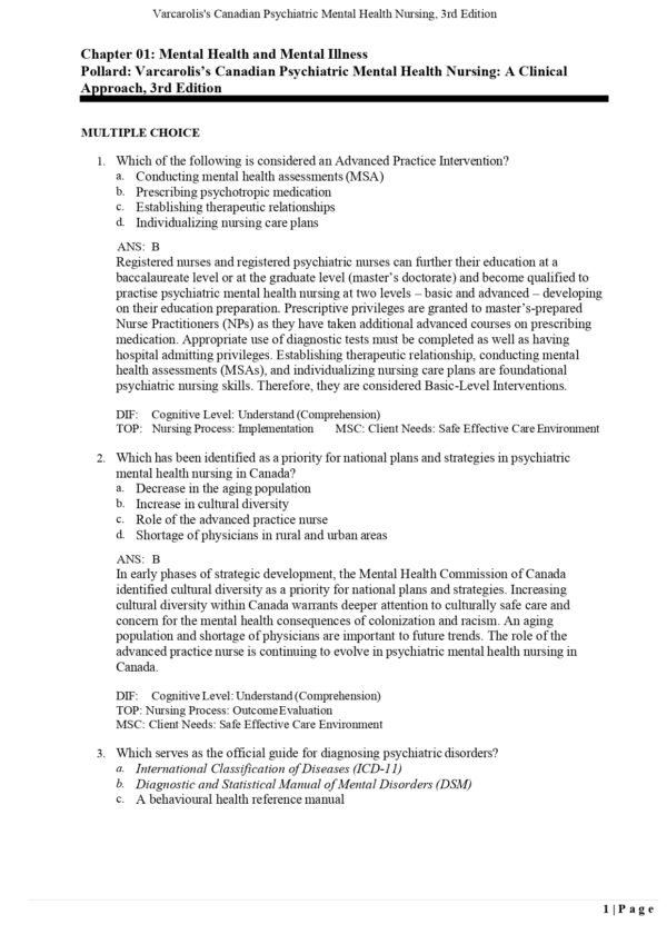 The Canadian Psychiatric Mental Health Nursing, 3rd Edition test bank