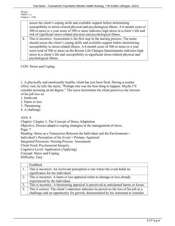 A testing tool for Townsend's 11th Edition of Psychiatric Mental Health Nursing