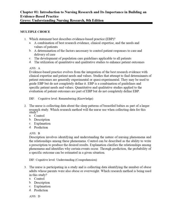 The 8th edition of the Test Bank for Understanding Nursing Research