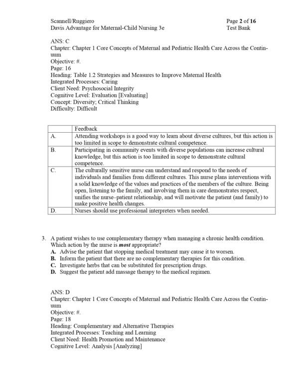 Preview page of the test bank for Davis Advantage for Maternal Child Nursing Care 3rd Edition.