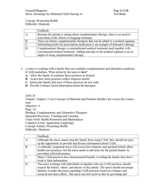 Preview page of the test bank for Davis Advantage for Maternal Child Nursing Care 3rd Edition.