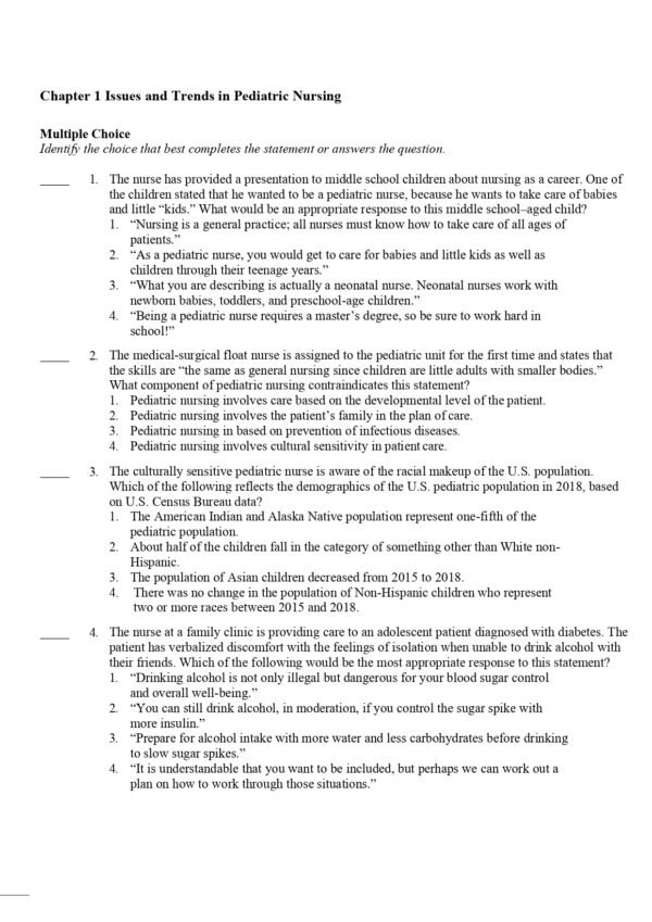 Preview page of the Test Bank for Davis Advantage for Pediatric Nursing Critical Components of Nursing Care 3rd Edition.