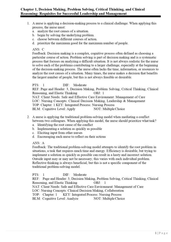 Test Bank for Leadership Roles and Management Functions in Nursing, 11th Edition preview page