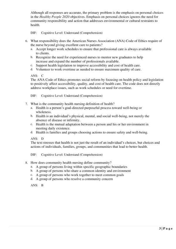 A look at the preview page for the 8th edition of Test Bank for Community/Public Health Nursing: Promoting the Health of Populations