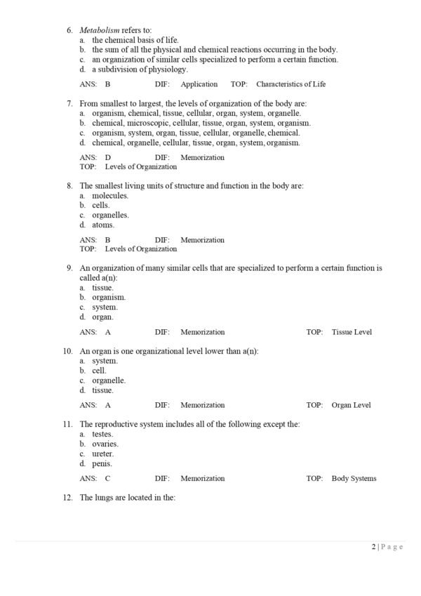 Example preview page of Anatomy and Physiology 11th Edition Test Bank with detailed anatomy and physiology questions