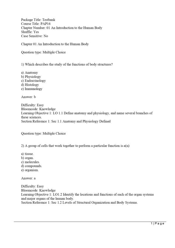 Cover page of the test bank for Principles of Anatomy and Physiology 16th Edition.