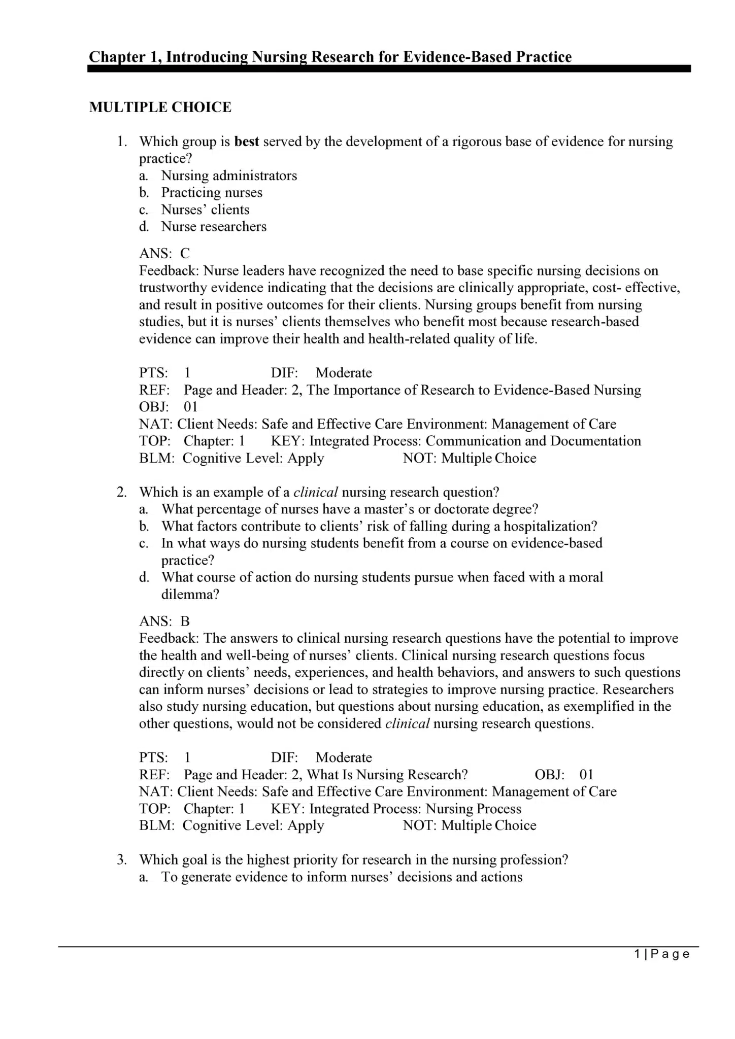 Test Bank for Essentials of Nursing Research,10th Edition by Denise Polit 2 Nursing research evidence-based practice sample Q&A — Polit & Beck 10th Edition test bank