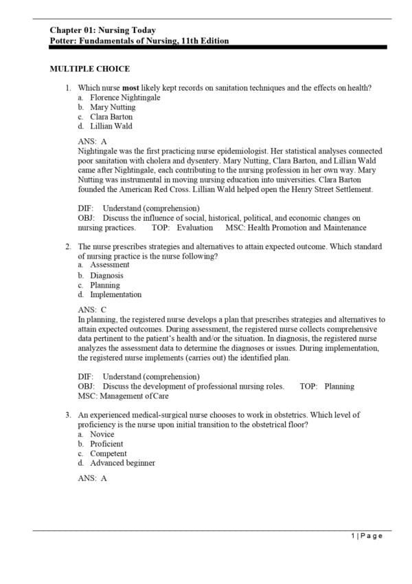 Potter & Perry Fundamentals of Nursing Test Bank NCLEX