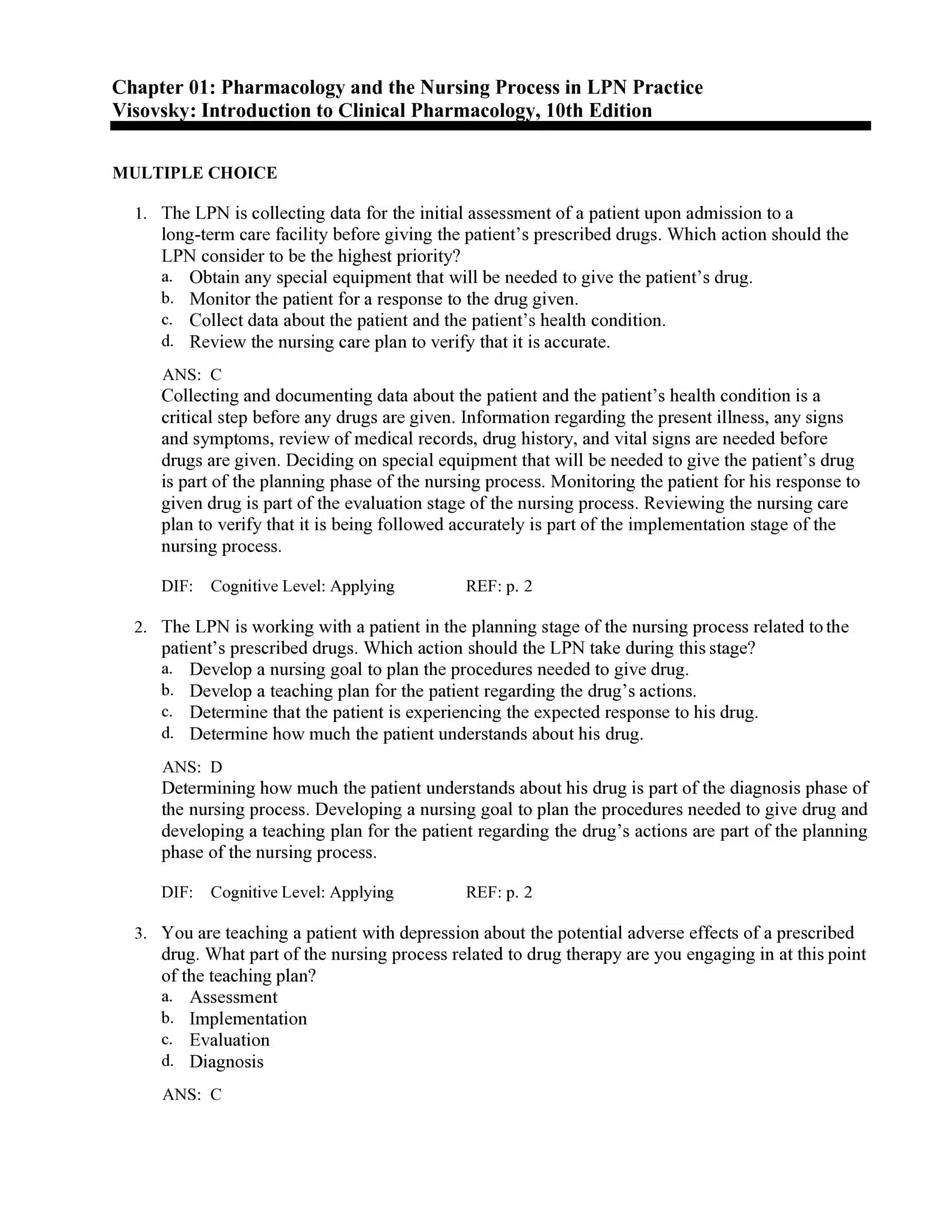 Test bank for Introduction to Clinical Pharmacology 10th Edition 2 Initial assessment priority before drug administration — LPN pharmacology NCLEX-style question — Introduction to Clinical Pharmacology 10th Edition