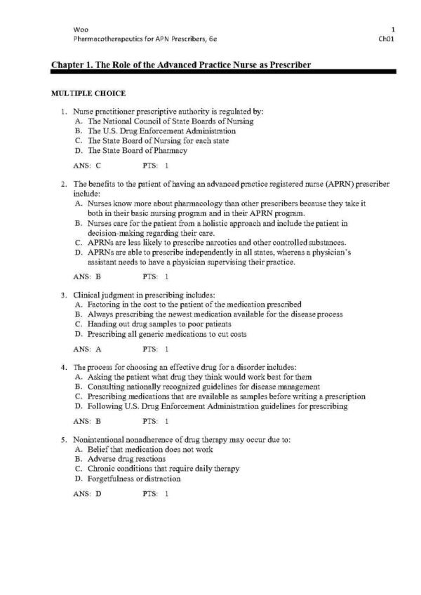 Pharmacotherapeutics for Advanced Practice Nurse Prescribers 6th Edition Test Bank Chapter 1 Multiple Choice Questions with Answers – Prescriptive Authority, APRN Benefits, Clinical Judgment