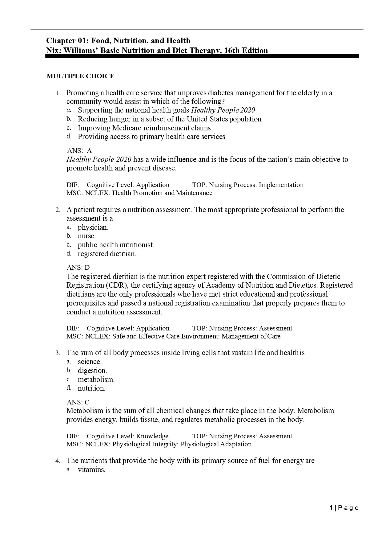 Test Bank for Williams’ Basic Nutrition and Diet Therapy, 16th Edition 2 Williams’ Basic Nutrition and Diet Therapy 16th Edition